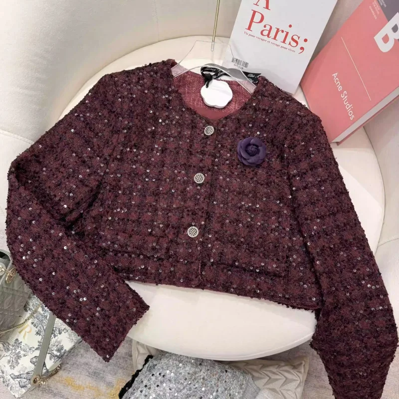 Early Autumn New French Luxury Sequins Tweed Coats Fashion Vintage 3D Flower Short Jackets For Women Elegant Fashion Outerwears