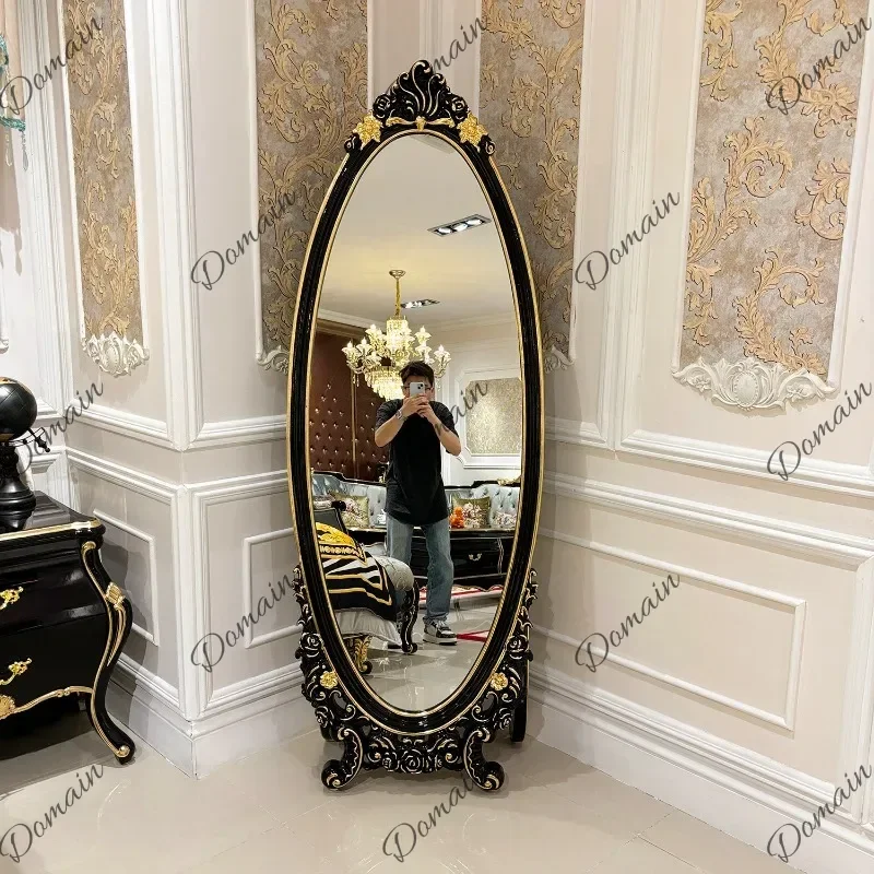 JZ Solid Wood Full-Length Mirror Luxury Carved Bedroom Makeup Mirror With Drawer For Elegant Vanity Decor.