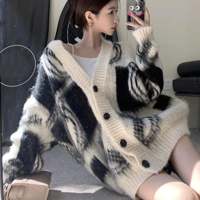 Autumn Vintage Mink Cashmere Sweater Jacket Women Loose V Neck Knit Cardigan Sweaters Winter 2023 Fashoin Casual Cardigans 28780