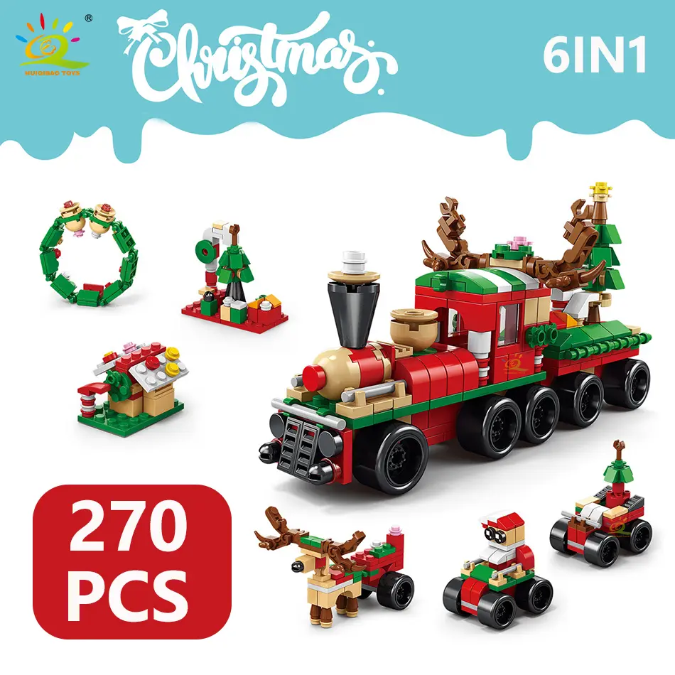 HUIQIBAO 6IN1 Christmas Elk Deer Santa Claus Building Blocks City Snow House Xmas Tree Bricks Set Toys for Children Kids Gift - 2