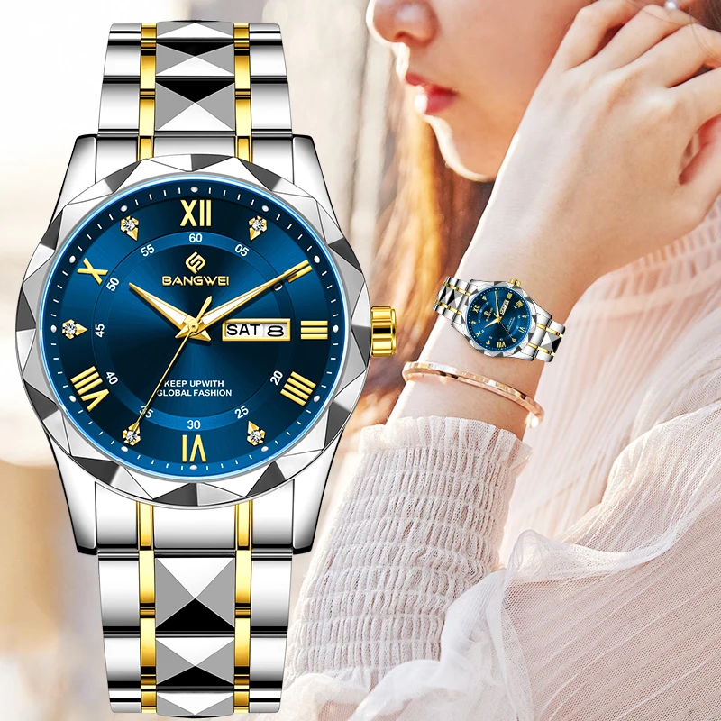 BANGWEI ساعة كوارتز نسائية أنيقة فاخرة موضة كلاسيكية بسيطة من الفولاذ المقاوم للصدأ تاريخ تلقائي مقاوم للماء ساعة يد للسيدات الماسية #1