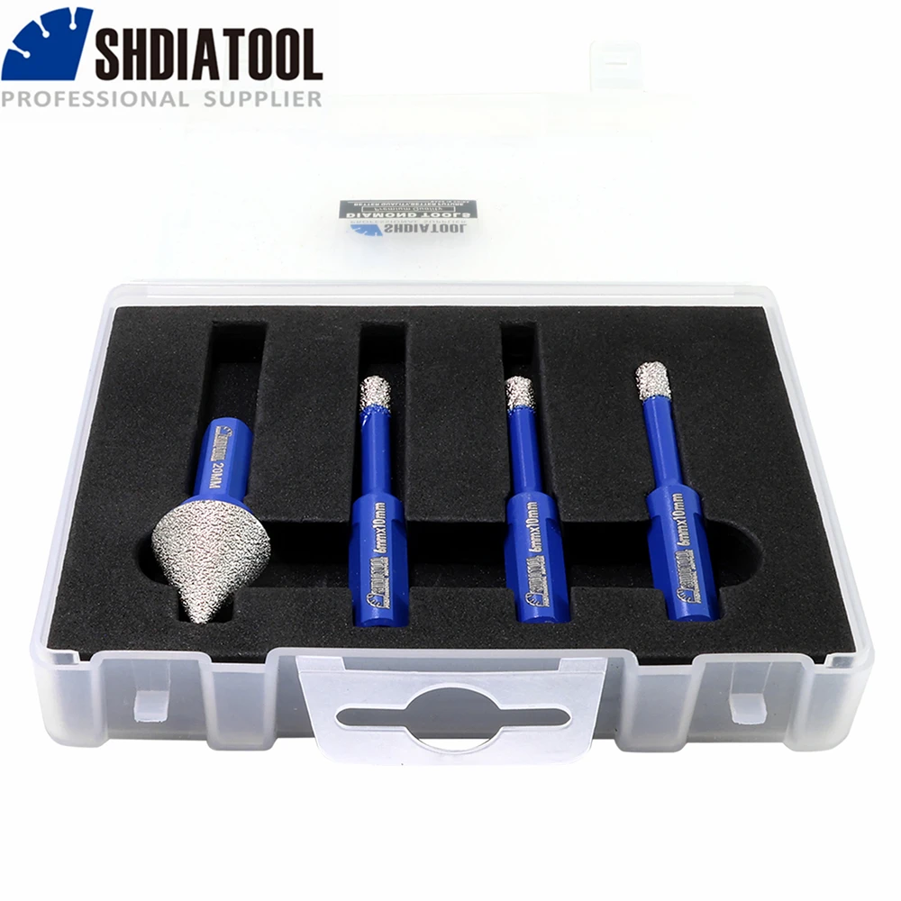 

SHDIATOOL 4pcs Diamond Drilling Milling Crowns Hand Drill Shank 6/6/6mm Core Bits+20mm Hex Diamond Chamfer Marble Tile Granite