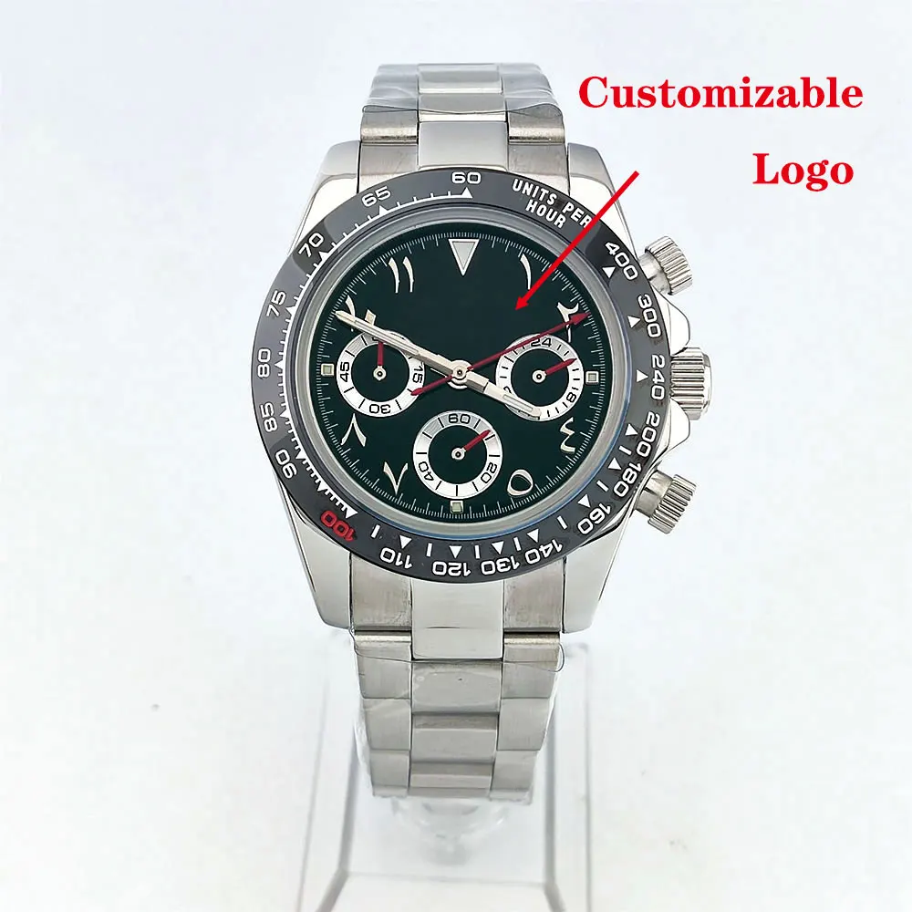 ساعة رجالية 39 ملم VK63 حركة كوارتز كرونوغراف زجاج الياقوت قرص عربي شعار قابل للتخصيص ساعة رجالية فاخرة