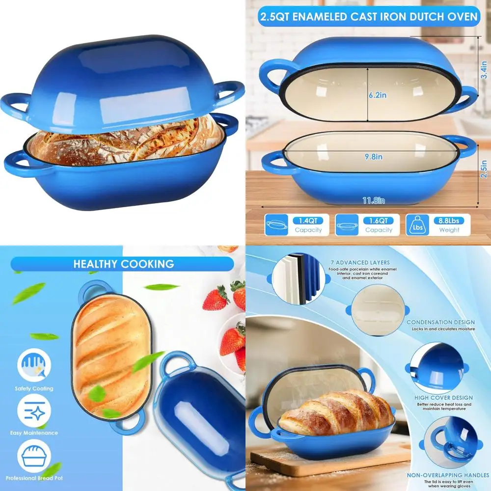 

Enameled Cast Iron Dutch Oven for Bread Baking - 2.5qt Oven Safe Non-Stick Pot with Lid, Blue Enamel Finish, Perfect for Baking