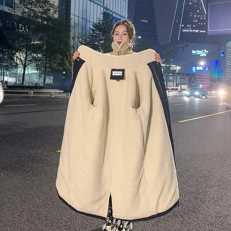 2023 Lamb Fleece Cotton Suit Women\'s Winter Mid length Knee Length Lamb Hair ins Thickened Parker Korean Stand Neck Loose Coat