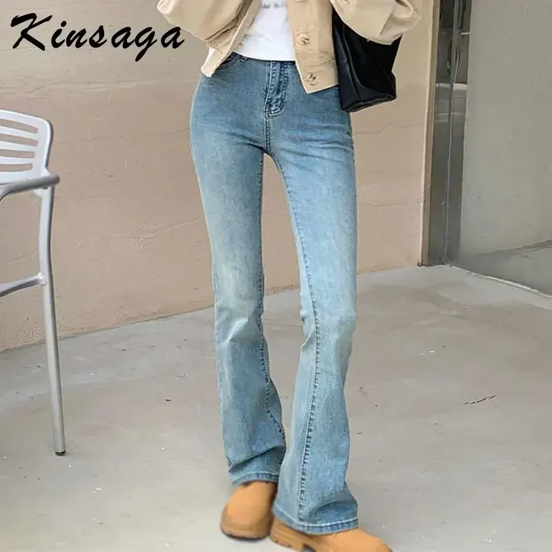 Kinsaga Blue Skinny Micro Flare Jeans Women Korean Petite Girl Horn Mopping Pants Pear Shape Draped Wide Leg Cigarette Jeans