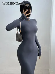 WOMENGAGA Autumn Winter Basic Long Sleeve High Neck Maix Dress Skinny Bottom Long Dresses Women Fishtail Sweet Elegant 0O60