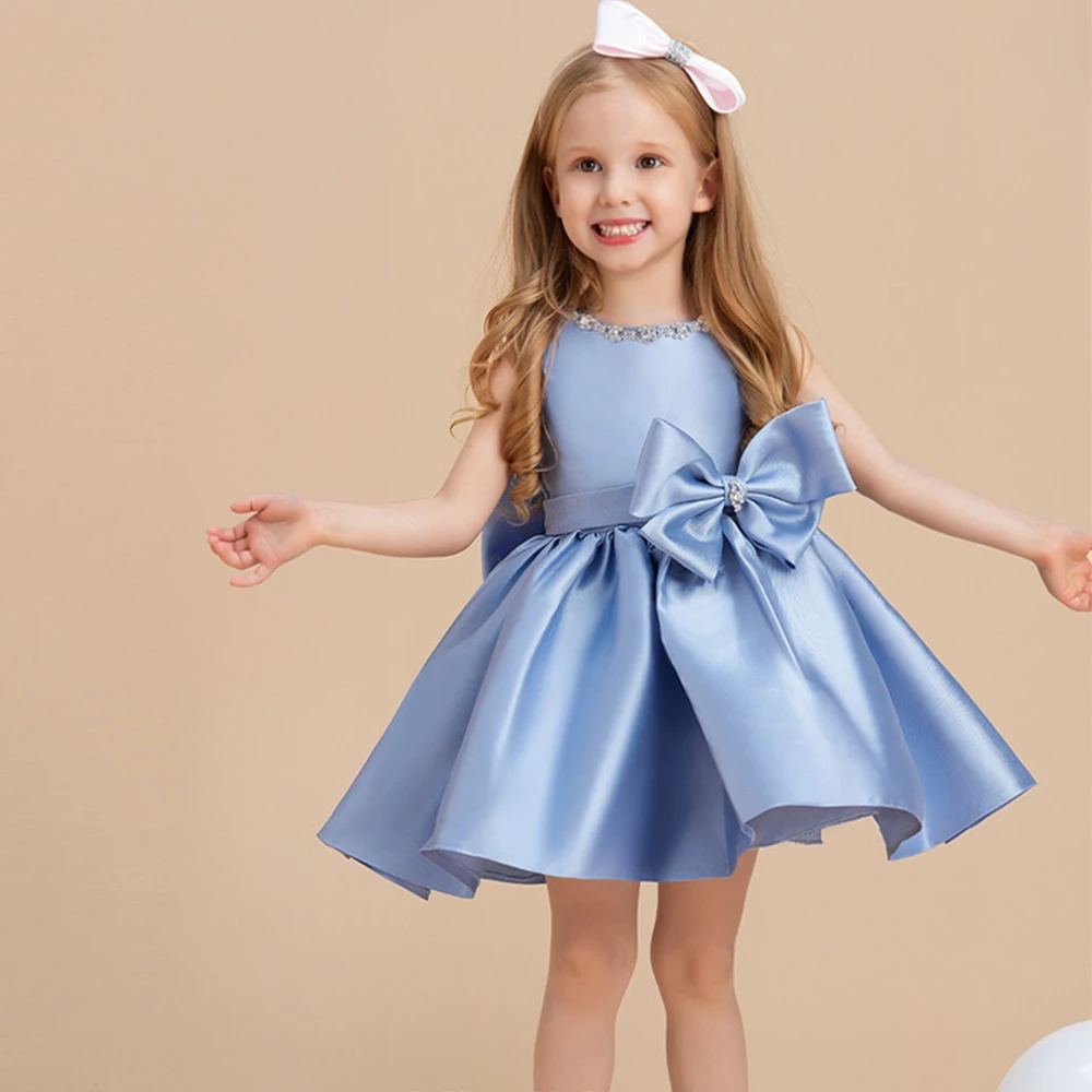 Robe de fille de fleur perlée en satin bleu avec nœud, robe de mariage, col rond, court, mignon, anniversaire de bébé, quelle que soit la fête