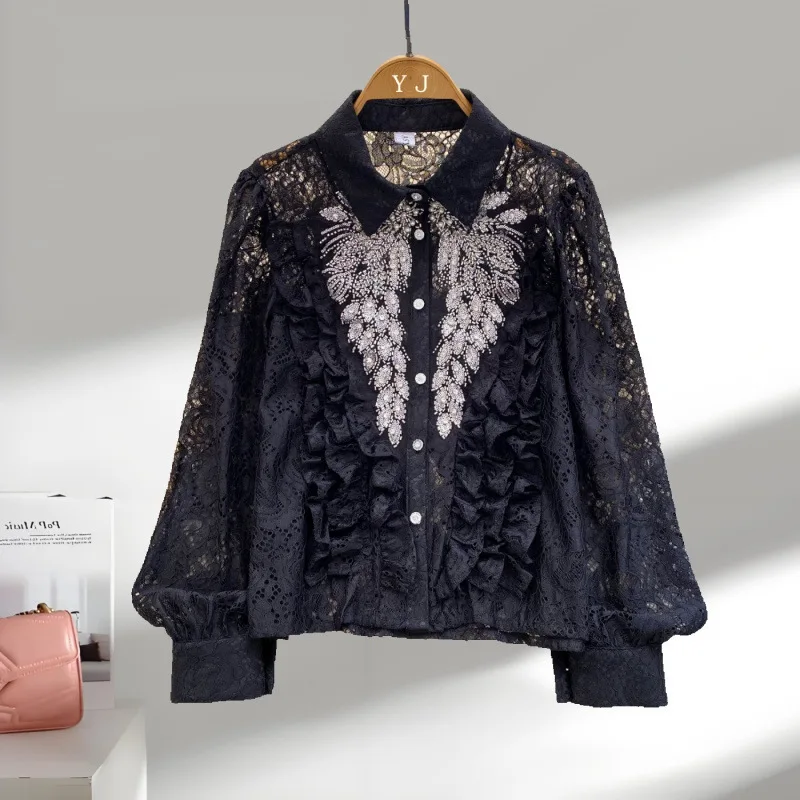 Franse stijl licht luxe socialite zwaar borduurwerk kralen pailletten shirt met lange mouwen voor dames, modieus veelzijdig hol