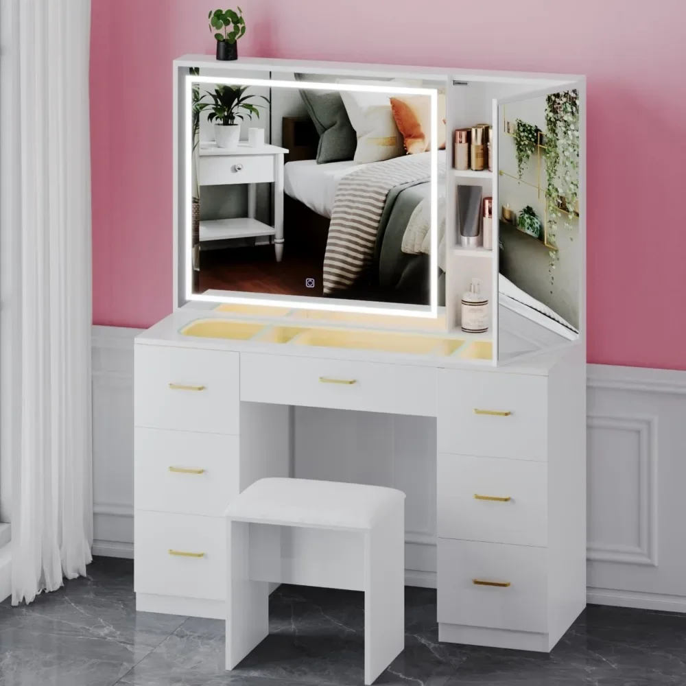 Vanity Set with Lighted Mirror,Extra Large Mirror Makeup Vanity Table with 7 Drawers&Cushioned Stool,Dressing Table with Drawers