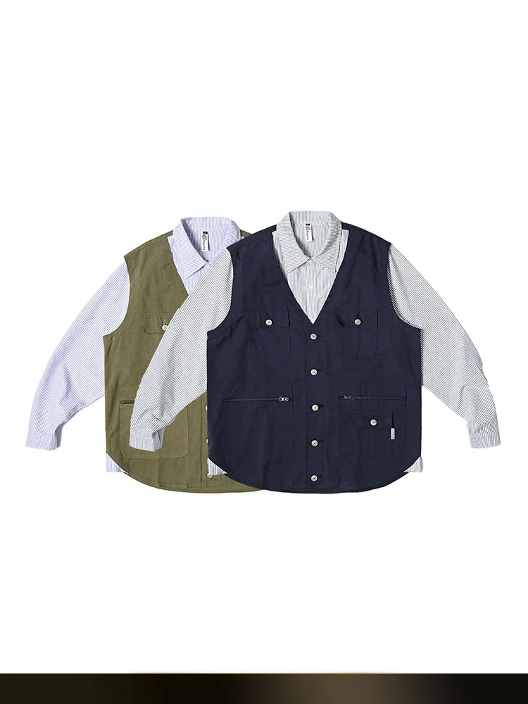 

Ретро-рубашка в цветную полоску с длинным рукавом, свободного кроя, для пар, в стиле рабочей одежды, из хлопка, молодежная, модная, осенняя, в японском стиле