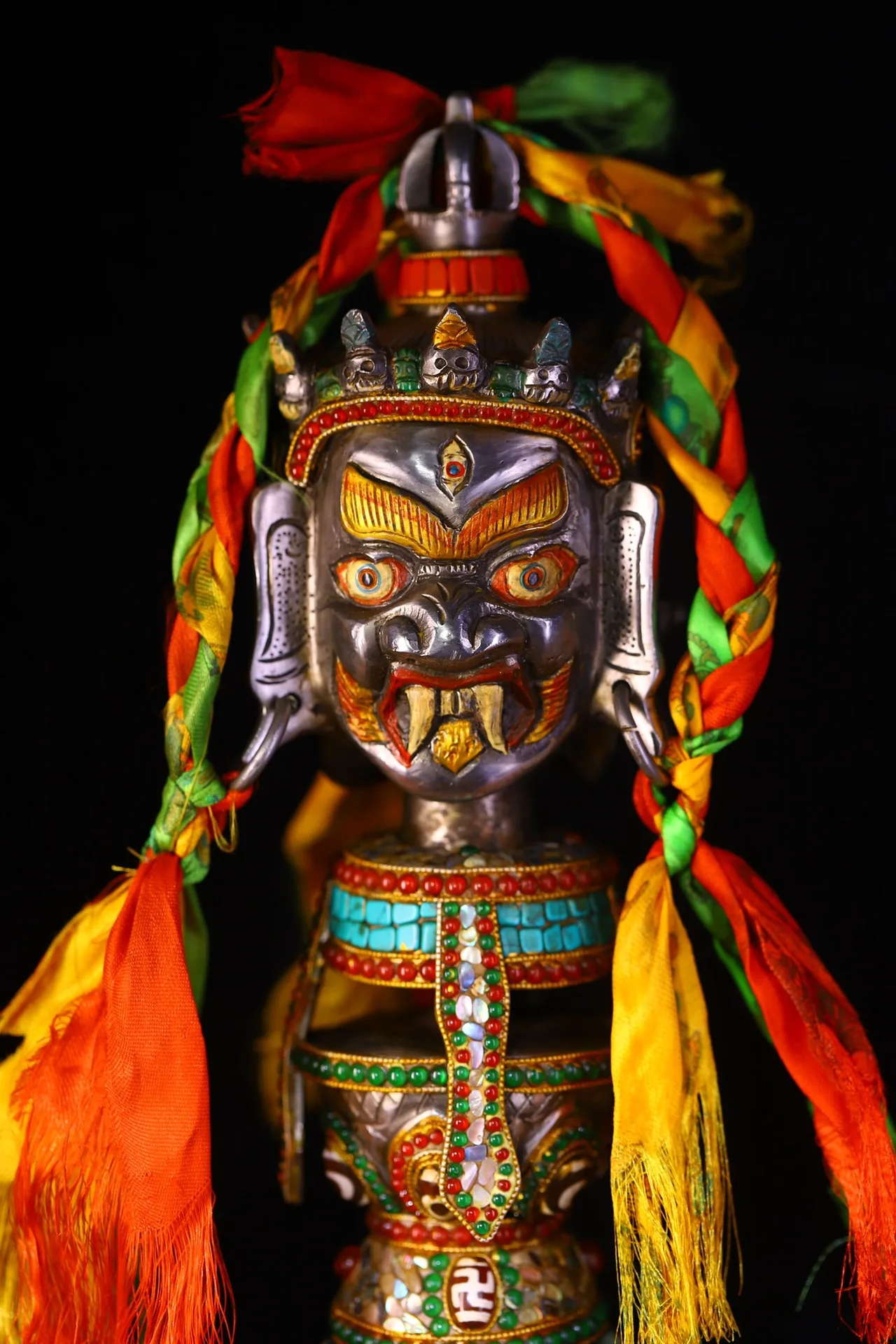 

21"Tibetan Temple Collection Old Tiantie Painted Mosaic Gem gZi Beads Shell Mahakala Buddha Vajra Phurba Amulet Worship Hall