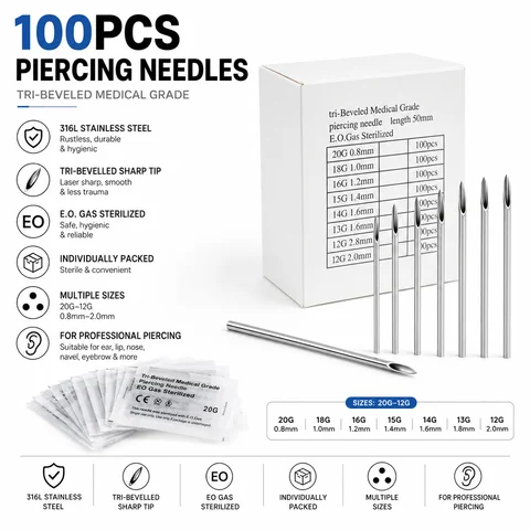 100PCS Disposable Steel 12g/13g/14g/15g/16g/18g/20g Piercing Puncture Needles For Navel Nipple Ear Nose Lips Tattoo Supplies Kit