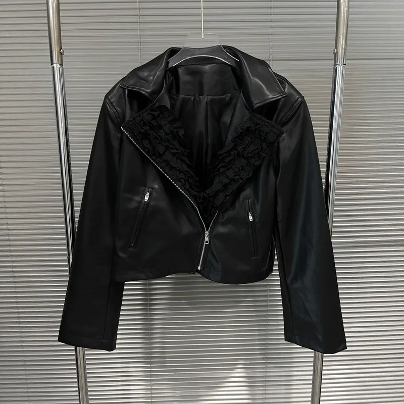 WTHT Trendy delle nuove donne impiombate bordo increspato risvolto giacca di pelle PU 2025 autunno moda maniche lunghe cappotto con cerniera femminile 1LS2495