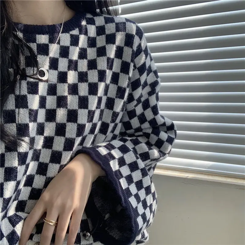 بلوفرات نسائية برقبة دائرية منقوشة بتصميم كلاسيكي كسول للخريف والشتاء رائجة البيع أنيقة وملصقة عصرية للشارع Y2k ريترو فرنسي #6