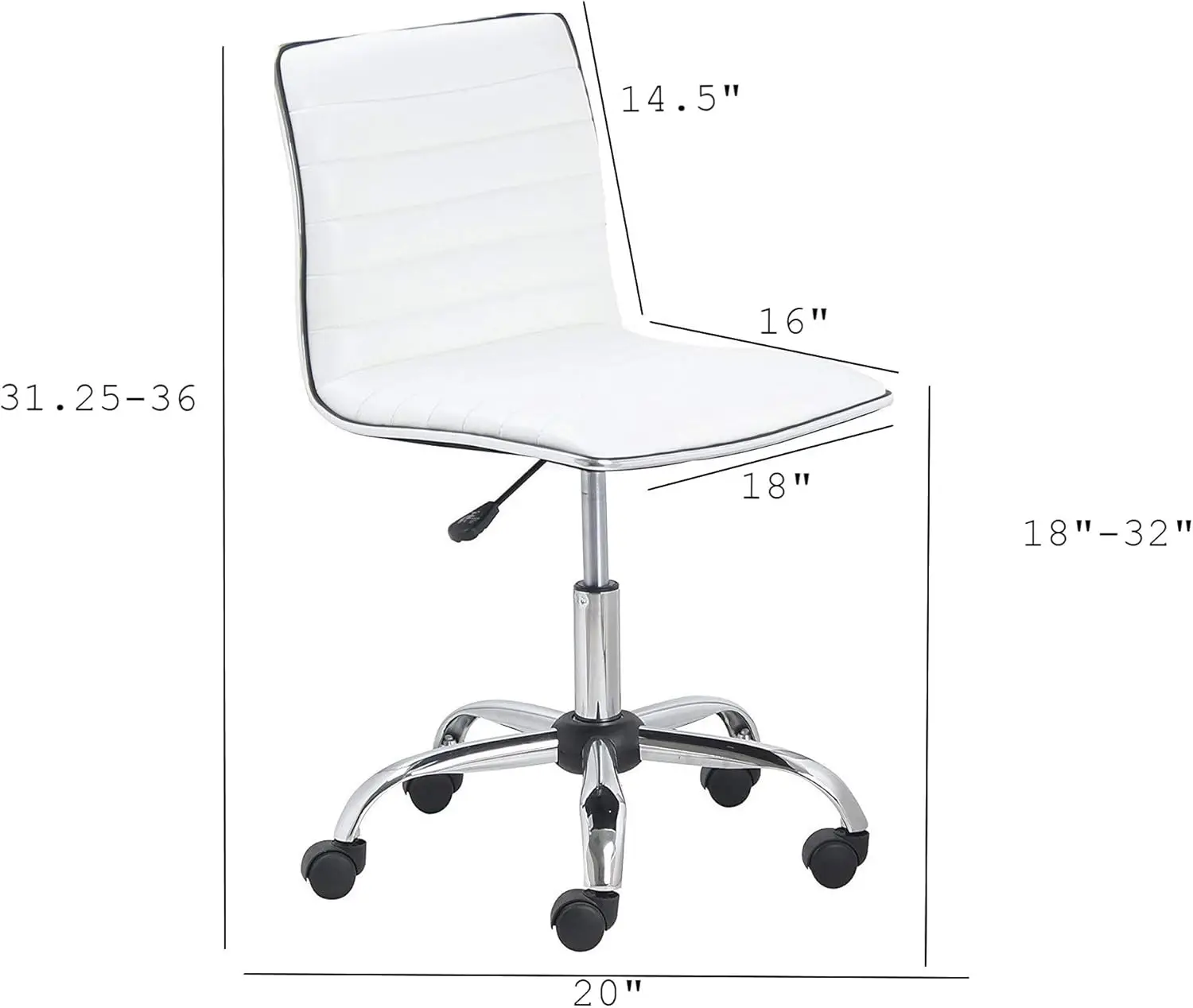 BTExpert Swivel Mid Back Armless Ribbed Designer Task Chair Leather Soft Upholstery Office Chair - White