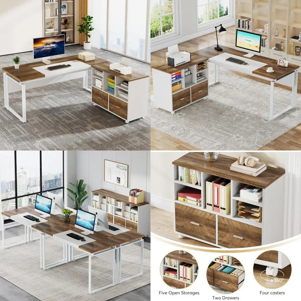 Mesa executiva em forma de L da Tribesigns: mesa de escritório carvalho Karat 63 com armazenamento e armário de arquivo reversível