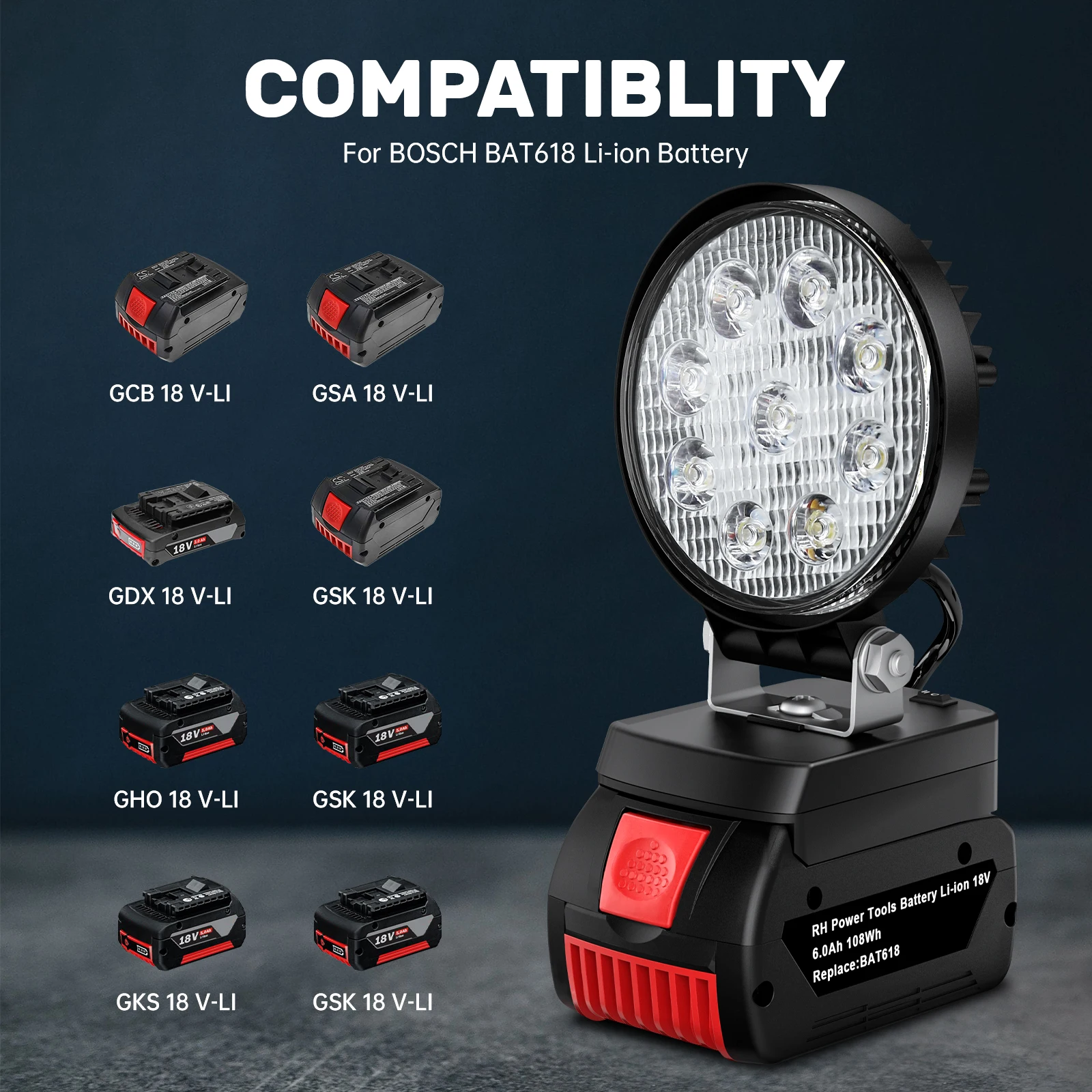 Turpow 27W LED Work Light Comblity For Bosch BAT618 Li-ion Battery 18V LED Flashlight Batteries Tool Lamp Flood Lights