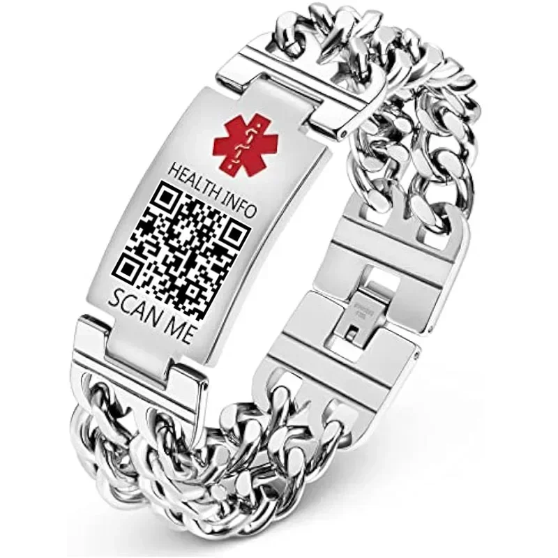 Fashion Stainless Steel Medical Bracelets Free Engraving  Men\'s and Women\'s QR Code Emergency Alarm ID Wrist Strap Bracelet