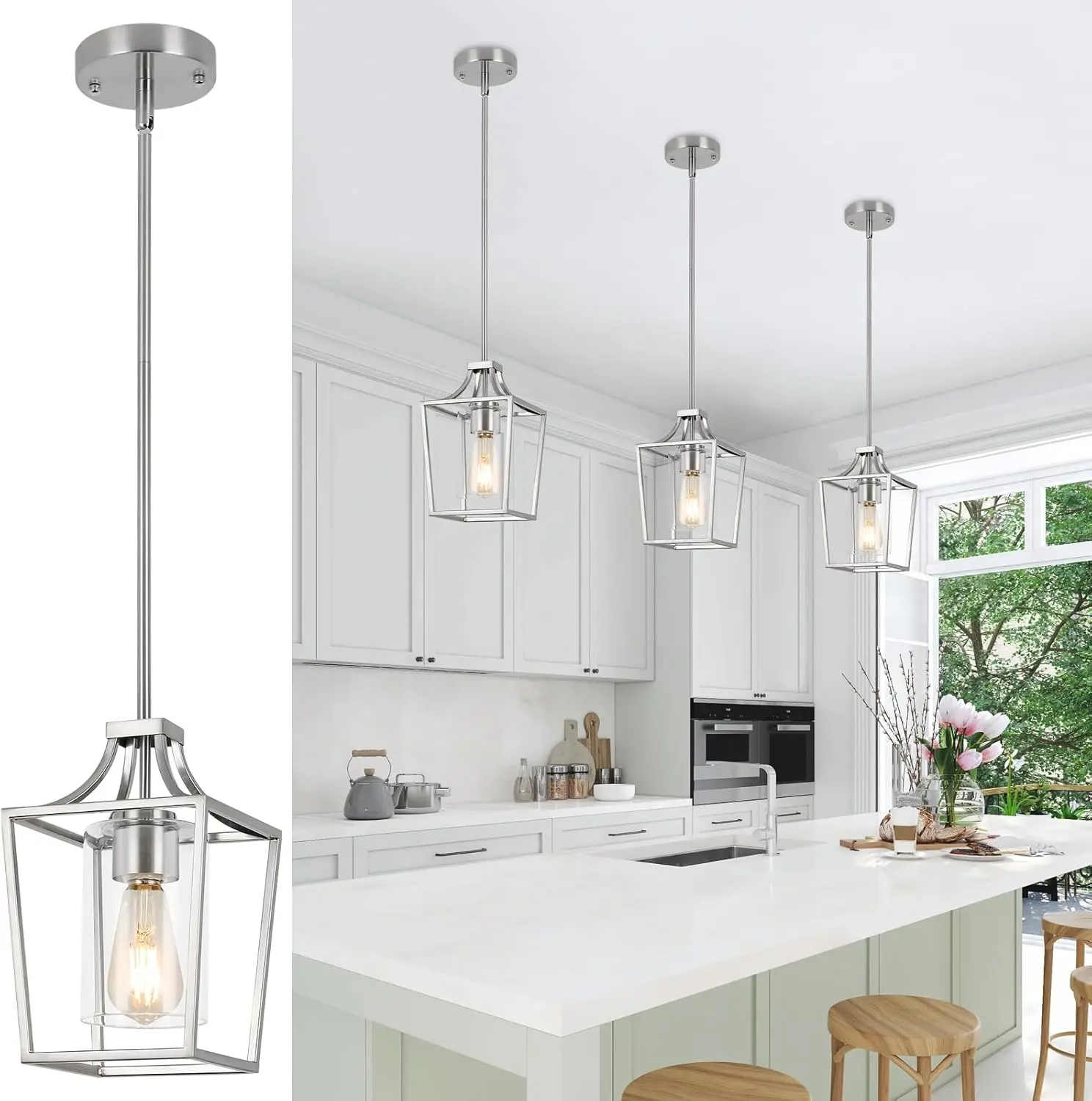 

Brushed Nickel Pendant Light with Clear Glass Shade, Adjustable Height for Kitchen Island Dining Room Foyer Hallway