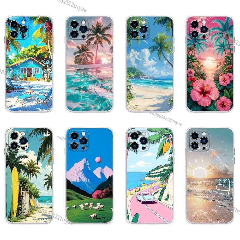 

Sea Tropical Palm Trees Beach Print Phone Case for iPhone 16,17,15,14,13,12,Pro Max,11,For iPhone Air,16e Shockproof Back Coque