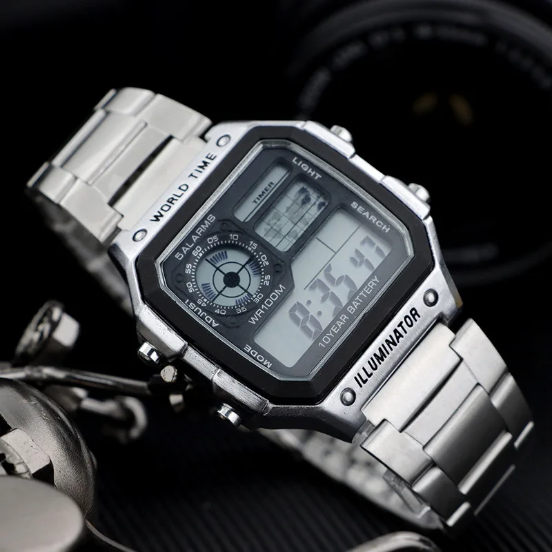

Multifunctional Retro Display Square Quartz Watches Men's Electronic Outdoor Sports Camouflage Steel Alarm Clock Dual AAA Watch