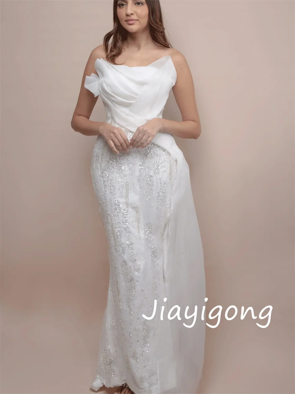 Vestidos largos sin tirantes de trompeta plisados con lentejuelas de Organza elegantes personalizados ocasión a medida brillo Simple
