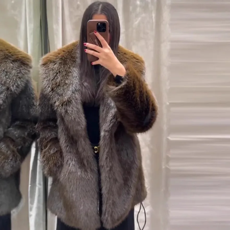 Nieuwe mode warme dikke nepbontjas Vintage luxe revers lange mouwen verborgen zakken effen overjas herfst winter nieuwe jas