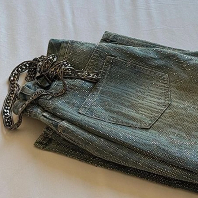 Women Spring Autumn Summer Pants Jeans New Straight Sequins Wide Leg Crushed Diamonds Belt Zipper Simple  Fashion Leisure