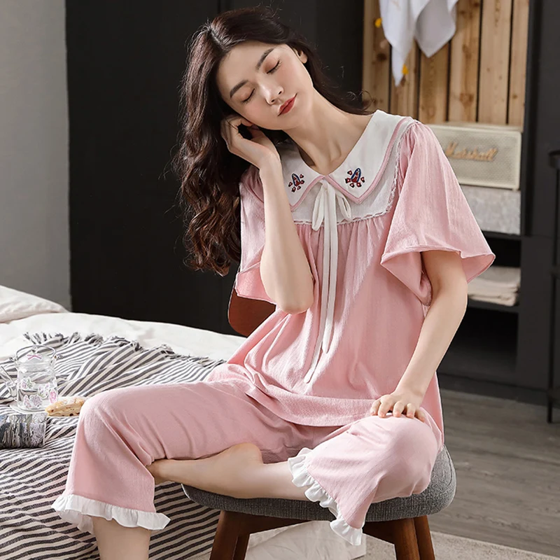 Summer 100%Cotton Women Sleepwear Short Sleeve Turn-down Collar Pajamas Set Leisure Soft Cardigan Female Homewear Clothing M-XXL