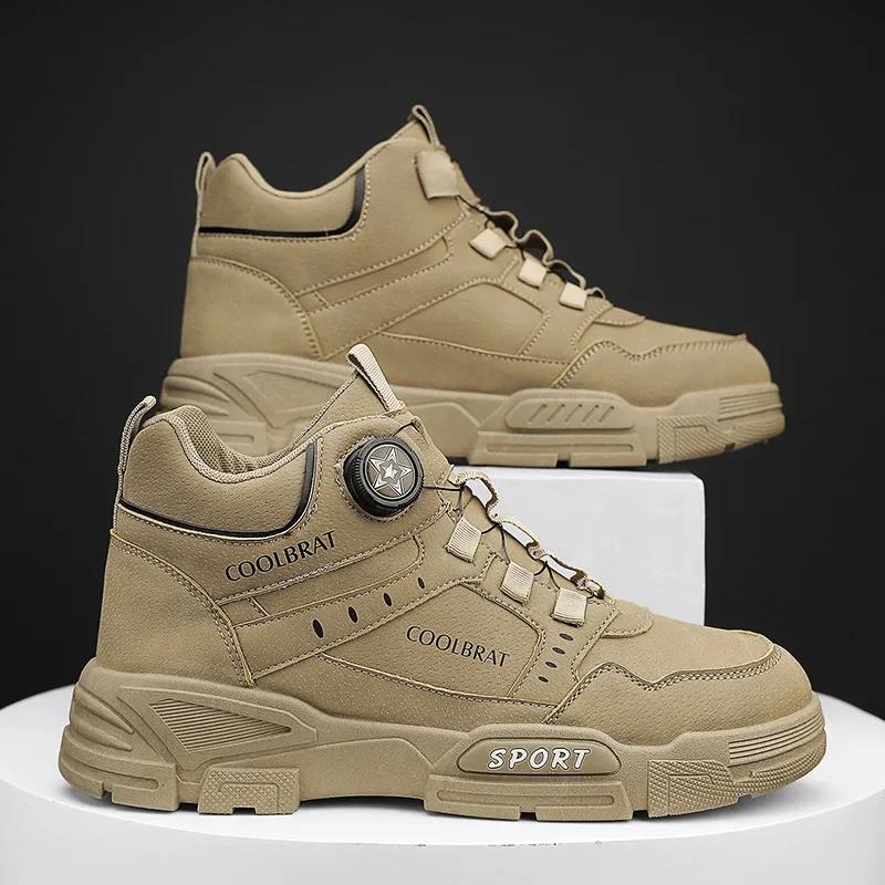 

New Men's Hiking Boots with Fashionable Retro Rotating Buttons, High Cut Thick Soled Sports Shoes, Outdoor Travel Casual Shoes