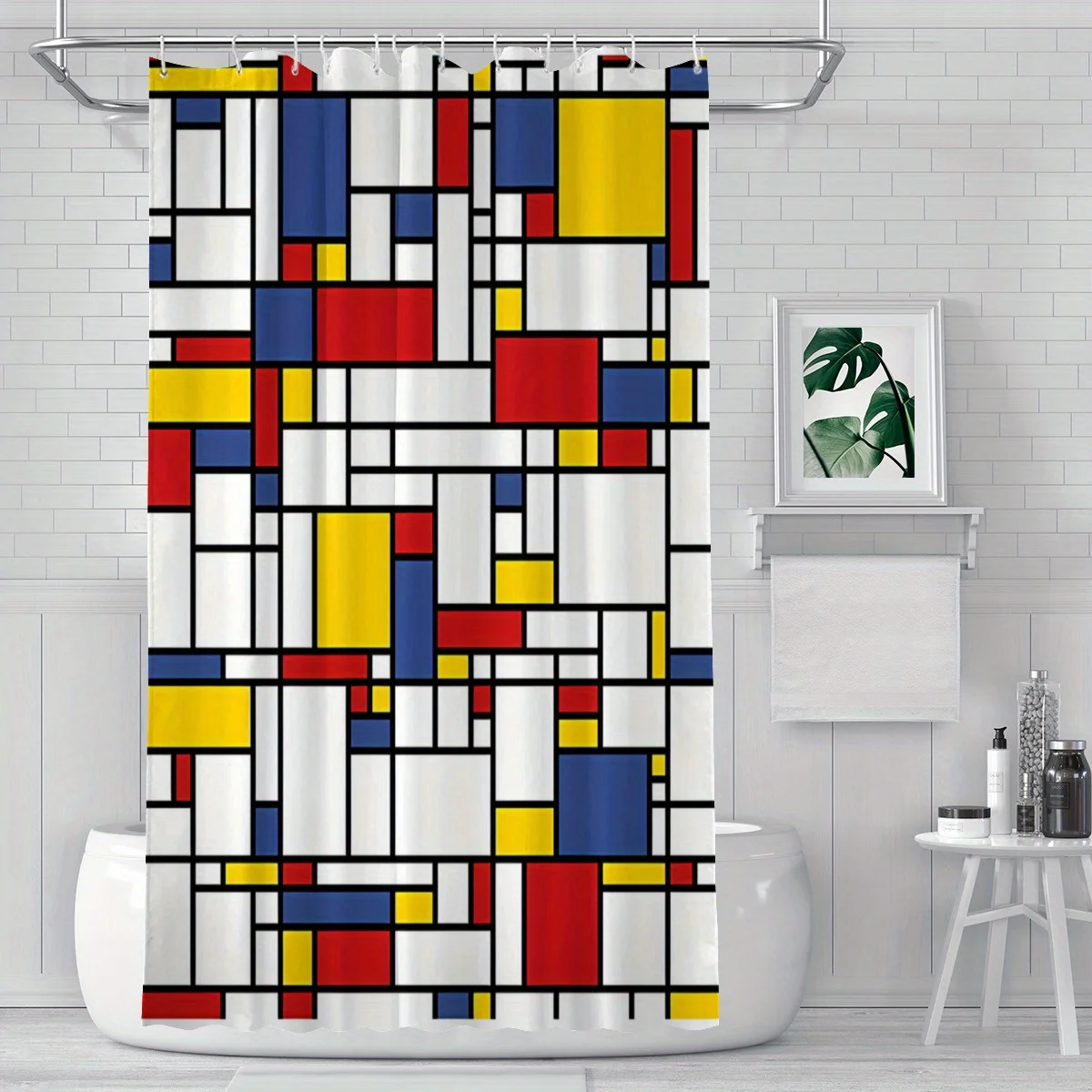 Mondrian Style Shower Curtain, Abstract Geometric Color Block Print Waterproof Bathroom Decor, Modern Art Home Bath Screen