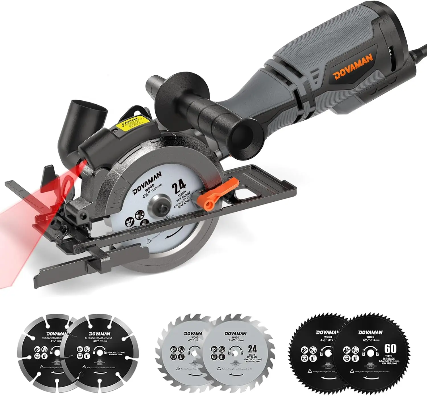 

4-1/2" Circular Saw with Laser Guide, 5.8A, 6 Blades, Metal Handle, Cuts Wood/Metal/Tile