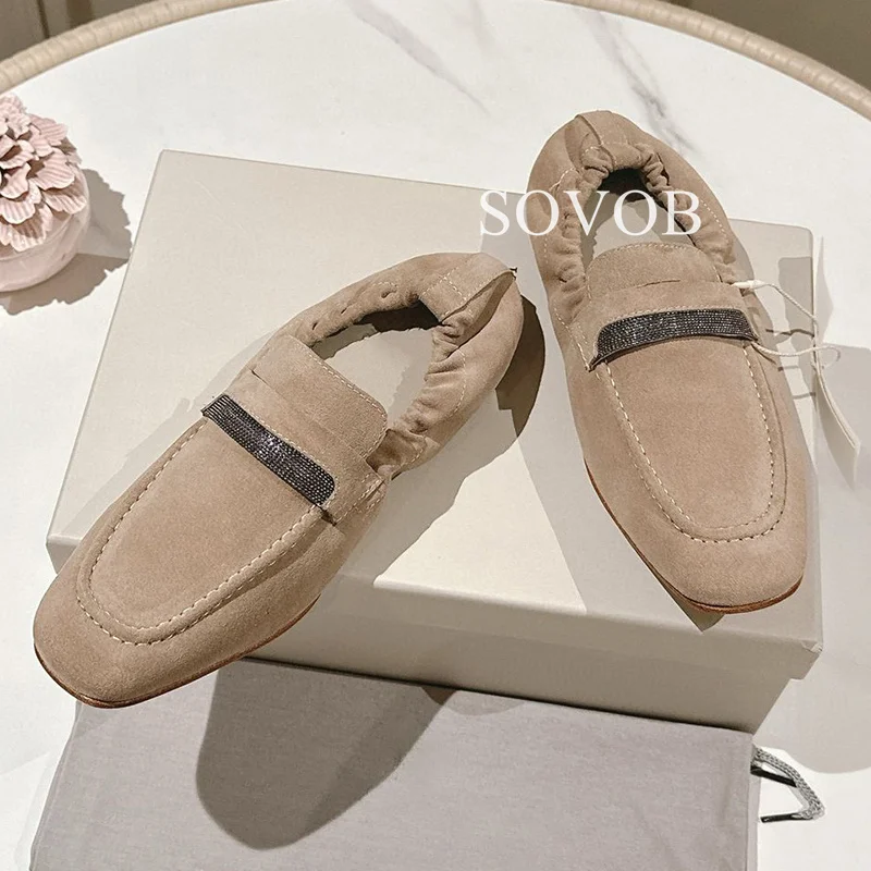 New Spring Autumn Vintage Beaded Decorative Flat Shoes Women Elastic Mouth Round Toe Loafers Casual Bean Shoes Driving Shoes