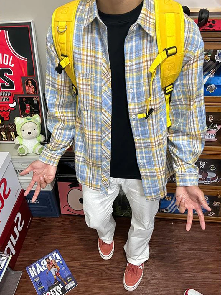 

Сине-желтая клетчатая рубашка для мужчин с длинным рукавом в стиле ретро, верхняя одежда для пар, дышащая, удобная, осенняя модная одежда