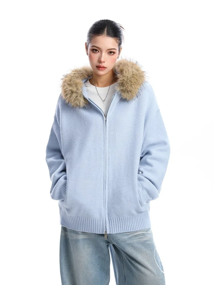 

Осенне-зимняя уличная толстовка свободного кроя с двойной молнией и съемным меховым воротником, женская модная теплая верхняя одежда