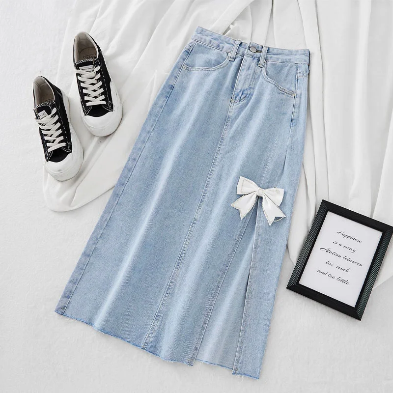 

Korean Fashionable Bow Spliced Denim Skirt for Female Summer All-match Casual High Waist Split Skirt Simplicity Women's Clothing