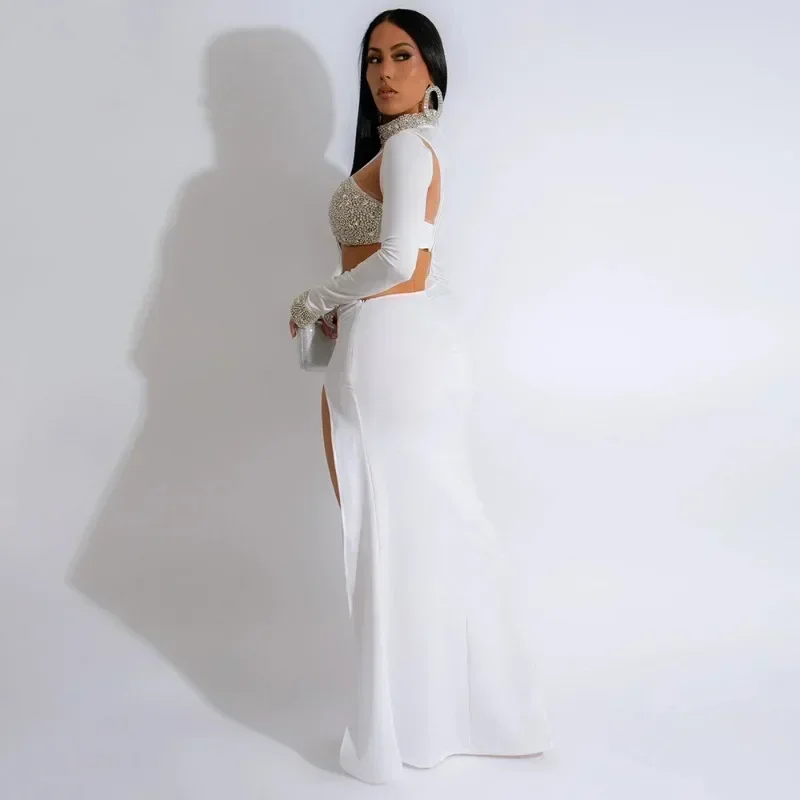 GUWU Fashion wysoki podział patchworkowy ze strasami z długim rękawem Maxi sukienka wieczorowa Bodycon seksowne wycięcie do klubu na imprezę sukienki urodzinowe