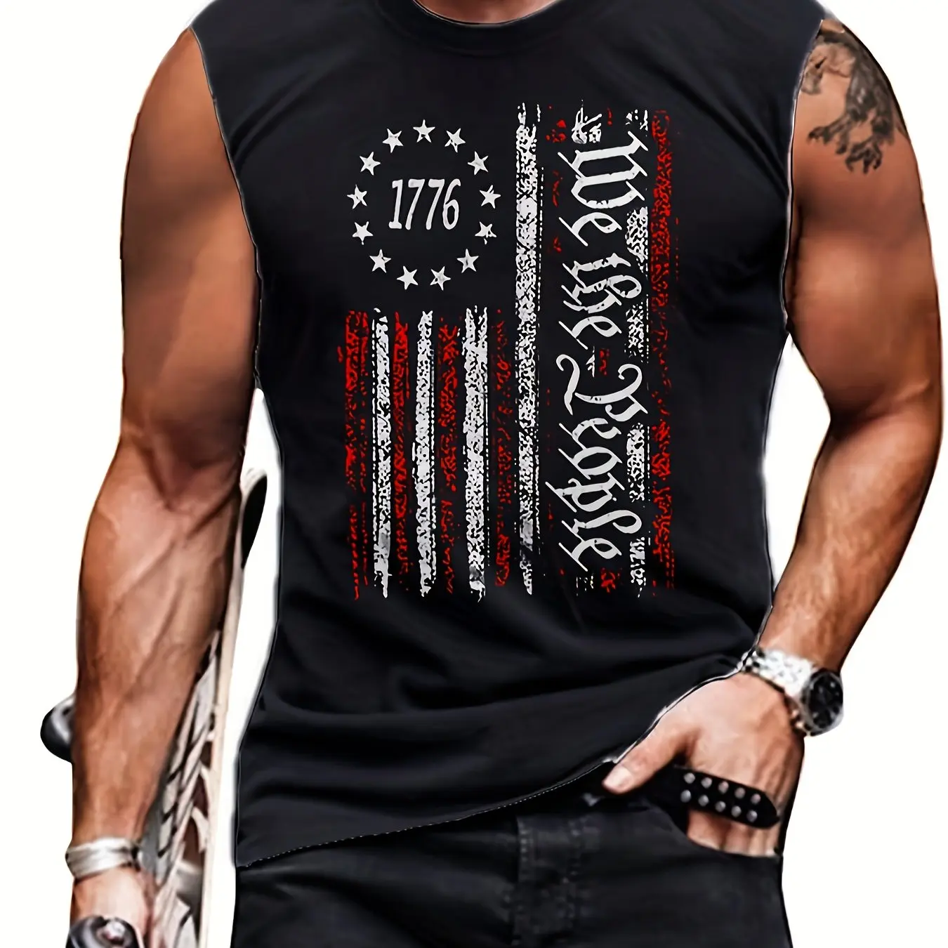 2024 New Men's Fashion Sleeveless Shirt Summer Outdoor Indoor Casual American Flag Pattern Slightly Stretch Round Neck Vest