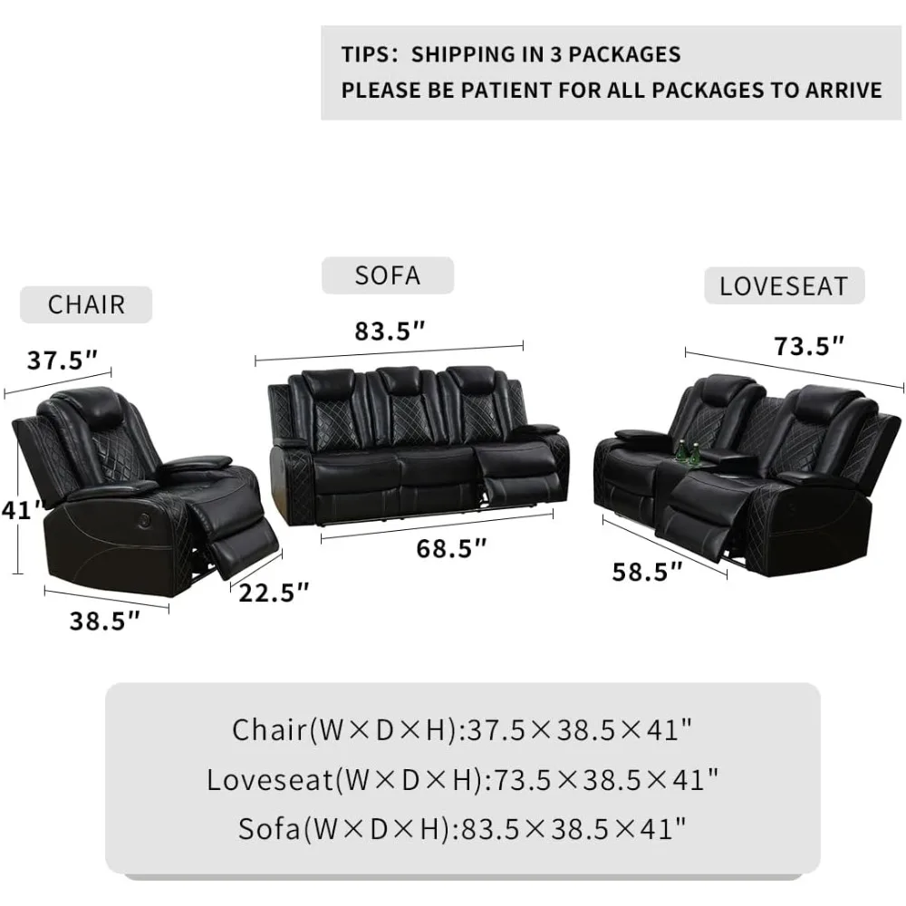 Sofa Living Room Furniture Set Power Recliner Manual Sofa, Loveseat with Cup Holders/Storage Console/LED Light/Wireless Charger