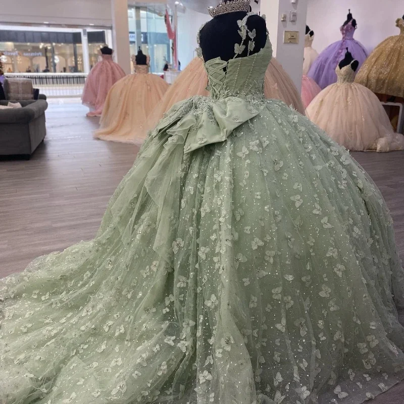 ANGELSBRIDEP Sage Green Shiny Ball Gown Quinceanera abiti Spaghetti Strap Sweetheart Beads Bow Brithday Dance Party Gowns