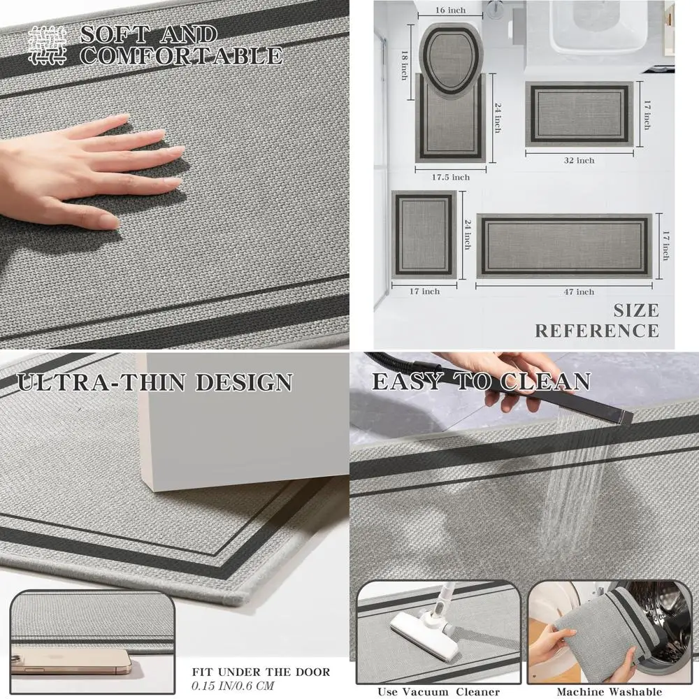 

Grey Geometric Bath Rug Set: Thin, Absorbent, Quick-Dry, Non-Slip Mats, 17x24/17x30/17x59