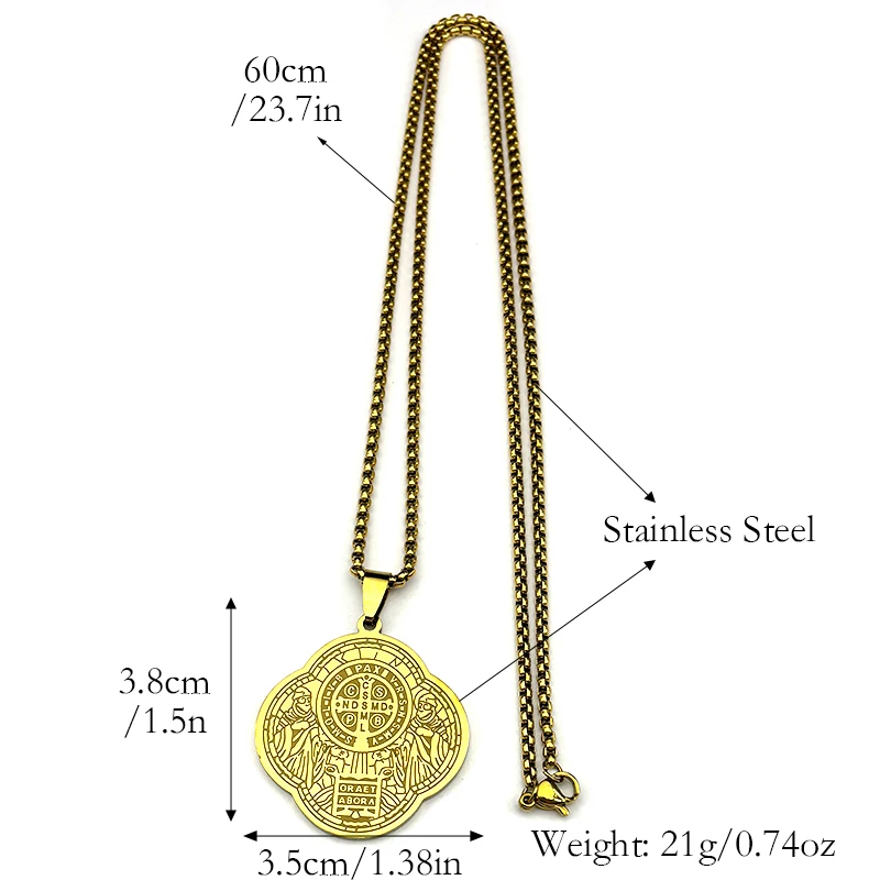 الكاثوليكية سانت بنديكت البرسيم ميدالية قلادة من الفولاذ المقاوم للصدأ للنساء الرجال الذهب اللون عبر سلسلة الصلاة مجوهرات سان بينيتو