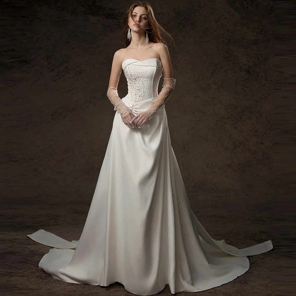

Fashion Strapless Sleeveless Bridal Gown Customized Charming Satin Robe de mariée with Pearls Simple Lace Up Back Wedding Dress