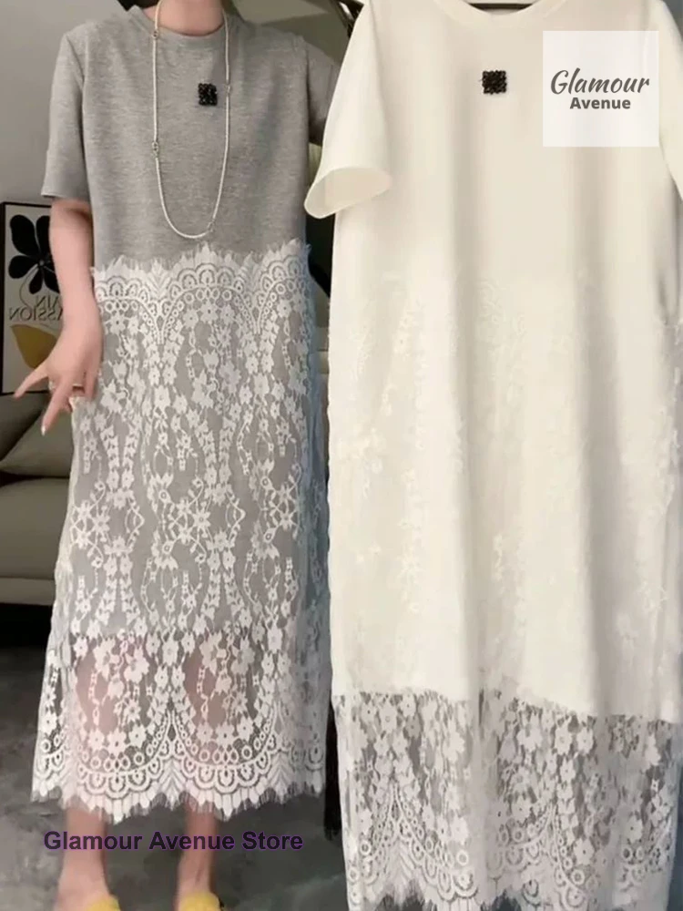 Abito estivo a maniche corte in pizzo con cuciture in tinta unita nuovo stile francese femminile plus size abito T-shirt slim Joker lungo allentato