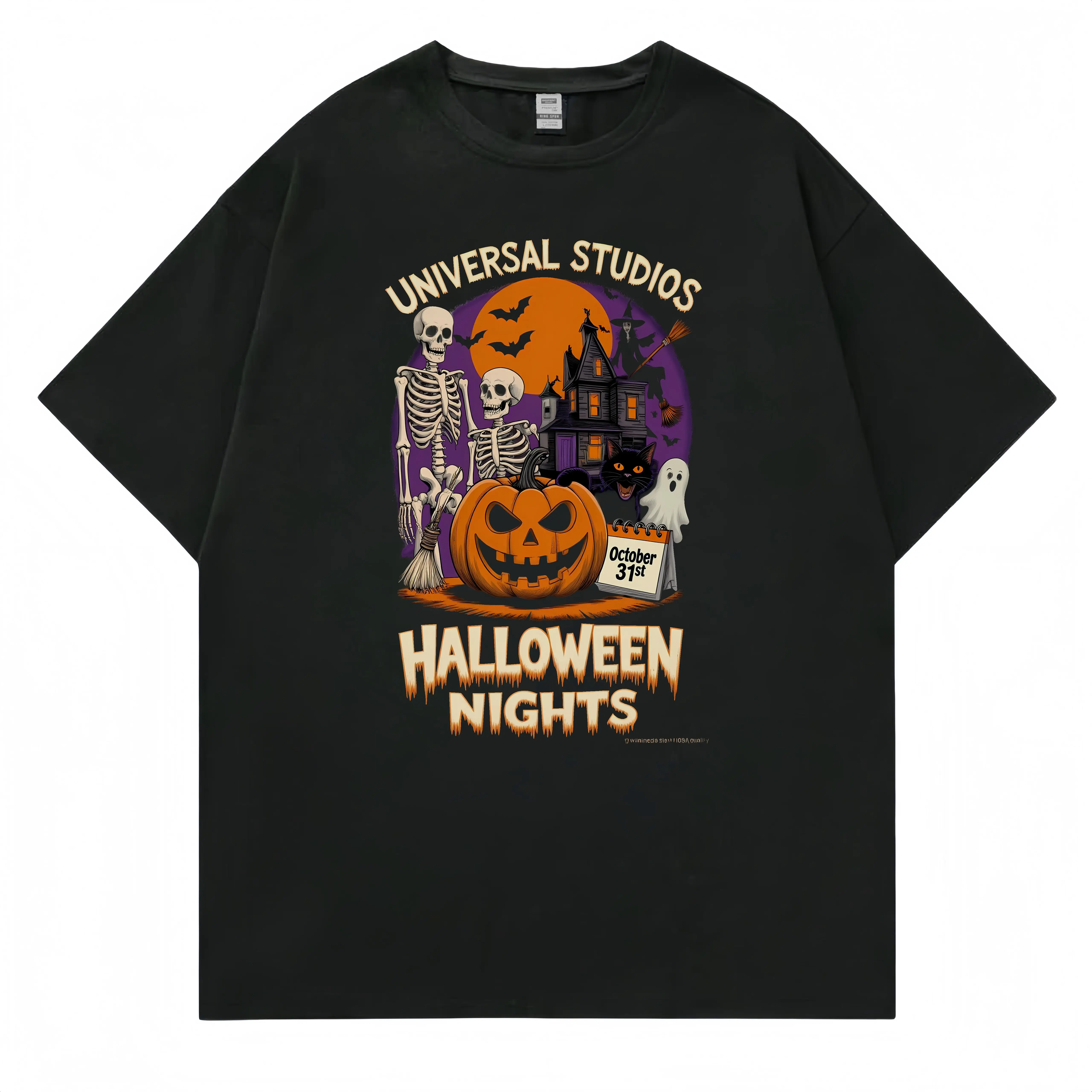Zaelia Black T-Shirt with Halloween Pumpkin and Skeleton Design for Festival Party