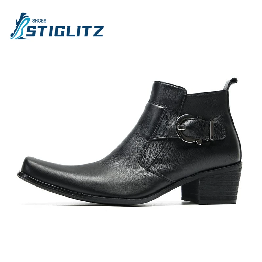 Curved Square Toe Chelsea Shoes for Men Metal Buckle Side Zip New Design Men's Shoes Ankle Boots Genuine Leather Chelsea Shoes