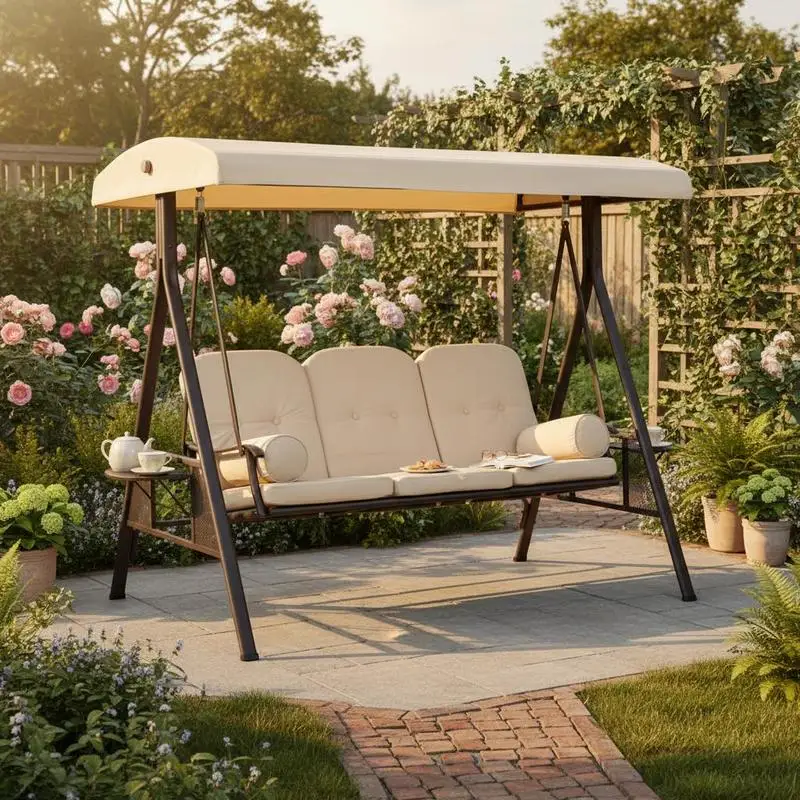 

3 Seater Heavy Duty Swing Chair Outdoor Lounge Hammock Cushioned Seat W/ Tilt Canopy, Beige