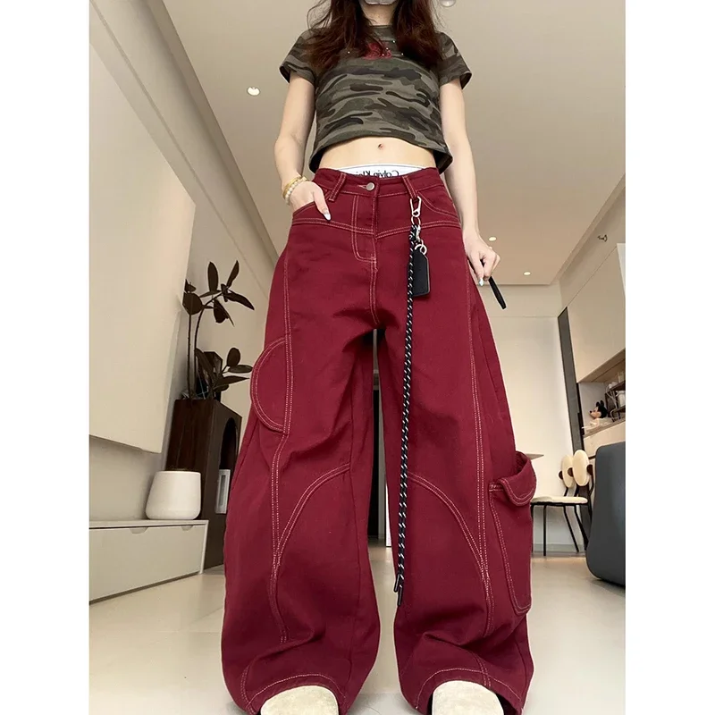 

Vintage Red Gothic Cargo Jeans Women 2000s Aesthetic Y2k Denim Trousers Harajuku High Waist Cargo Pants 2000s Casual Pantalones