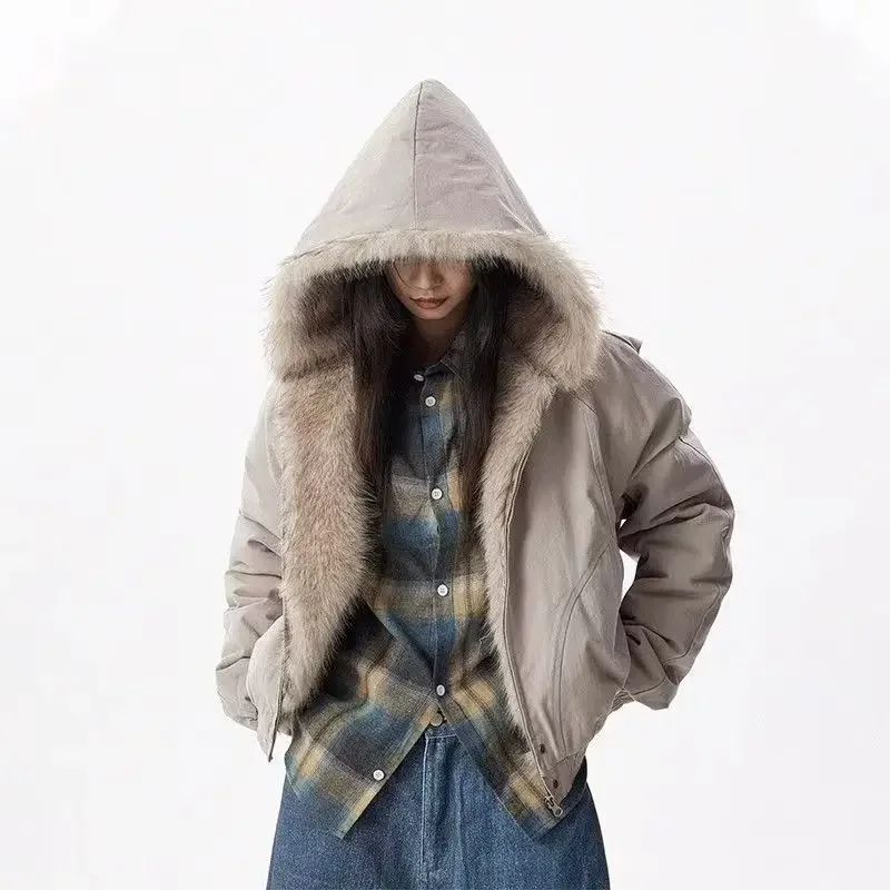 

Korean Women Down Coats Faux Fur Collar Loose Casual Hooded American Retro Female Velvet Thickened Warm Jacket Autumn Winter